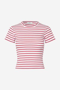 Rot-weiß gestreiftes Kurzarm-T-Shirt aus geripptem Material mit Rundhalsausschnitt und figurnahem Schnitt.