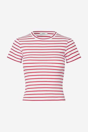 T-shirt à manches courtes rayé rouge et blanc, en tissu côtelé, avec un col rond et une coupe ajustée.