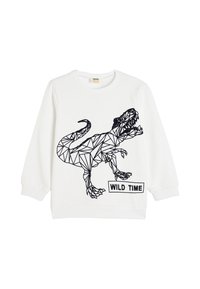 Sweatshirt blanc avec un graphique de dinosaure triangulaire noir, comportant le texte "WILD TIME" en dessous. Tissu doux avec des poignets et un col côtelé.