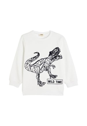 Hvid sweatshirt med sort trekantet dinosaurgrafik, der har teksten "VILDT TID" nedenunder. Blødt stof med ribbede manchetter og krave.