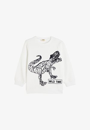 Hvid sweatshirt med sort trekantet dinosaurgrafik, der har teksten "VILDT TID" nedenunder. Blødt stof med ribbede manchetter og krave.