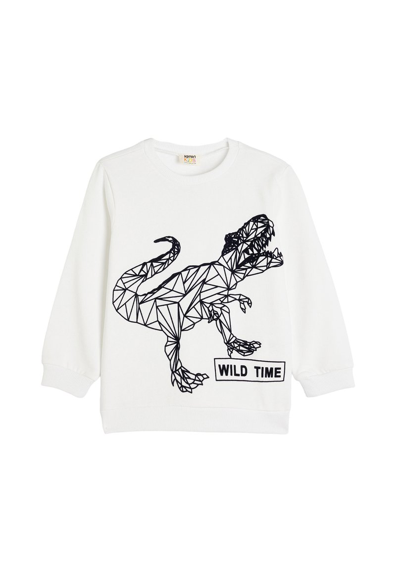 Sweatshirt blanc avec un graphique de dinosaure triangulaire noir, comportant le texte "WILD TIME" en dessous. Tissu doux avec des poignets et un col côtelé.