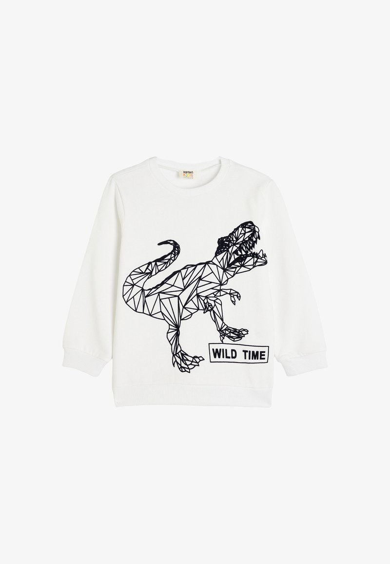 Sweatshirt blanc avec un graphique de dinosaure triangulaire noir, comportant le texte "WILD TIME" en dessous. Tissu doux avec des poignets et un col côtelé.
