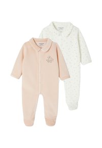 Zwei langärmelige Baby-Overall, einer in zartem Rosa mit einer bestickten Entchen und einer weißen mit kleinen Blumenmustern, beide mit Druckknöpfen und Kragen.