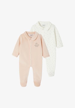 Zwei langärmelige Baby-Overall, einer in zartem Rosa mit einer bestickten Entchen und einer weißen mit kleinen Blumenmustern, beide mit Druckknöpfen und Kragen.