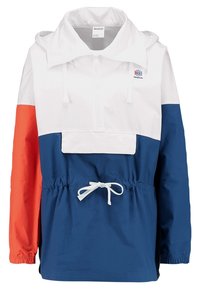 Farbblockierte Windjacke mit weißen, orangefarbenen und blauen Paneelen. Mit Kapuze, vorderer Taschenpocket und elastischem Zugband in der Taille. Leichtes Material.