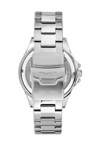 Orologio in acciaio inossidabile argentato con bracciale in metallo lucido e spazzolato, presenta una cassa rotonda e una chiusura incisa con il logo "SECTOR".
