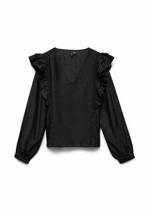 Blusa nera a maniche lunghe con scollo a V, rifiniture arricciate sul davanti e sulle spalle e polsini arricciati, mostrata su sfondo bianco.