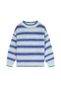 Suéter de rayas en verde menta y lavanda con acentos en azul oscuro. Presenta un cuello redondo y mangas largas, elaborado con tejido suave.