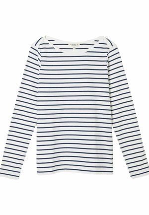 Hvid langærmet skjorte med marineblå horisontale striber. Har en bred bådudskæring og blød bomuldsstof. Simpelt design med ribkanter ved ærmerne.