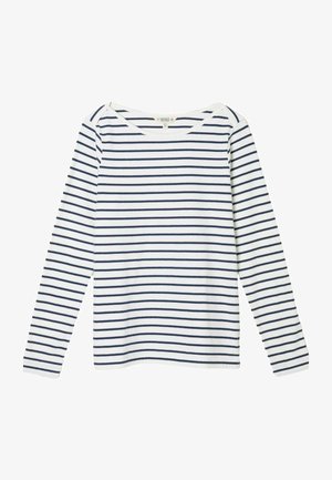 Weißes Langarmshirt mit navyblauen horizontalen Streifen. Verfügt über einen weiten Bootsausschnitt und weichen Baumwollstoff. Einfaches Design mit gerippten Bündchen.