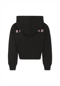 Hoodie nera cropped con una grafica di testo rosa sul retro. Presenta un cappuccio con coulisse, maniche lunghe e polsini a coste. Tessuto morbido.