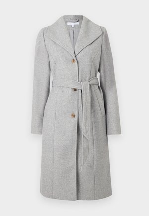 Gray wool coat with a wide collar, double-breasted design, waist belt, and brown buttons. Features long sleeves and a lined interior.