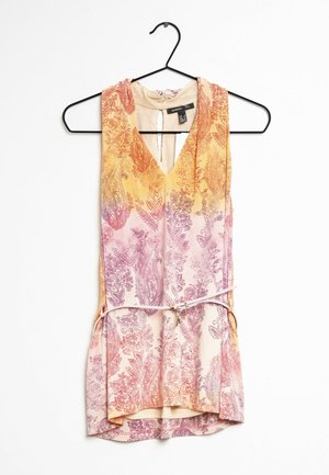 Vestido sin mangas en un degradado de naranja, rosa y púrpura. Patrones florales y de paisley con escote en V y una cinta en la cintura.