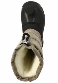 Schwarzer wasserdichter Stiefel mit einem strukturierten braunen Stoffbund, Fleece-Futter und einem Kordelzugverschluss oben für eine verstellbare Passform.