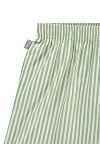 Tessuto a righe verdi e crema con vita elastica. Presenta un piccolo logo. Texture liscia, righe verticali equidistanti.