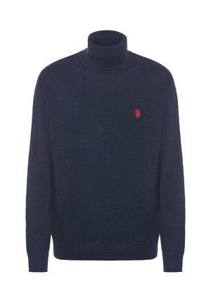 Maglione a collo alto di colore blu navale scuro realizzato in un morbido tessuto a maglia, con un piccolo logo rosso ricamato sul lato sinistro del petto e polsini aderenti.