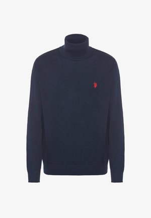 Maglione a collo alto di colore blu navale scuro realizzato in un morbido tessuto a maglia, con un piccolo logo rosso ricamato sul lato sinistro del petto e polsini aderenti.