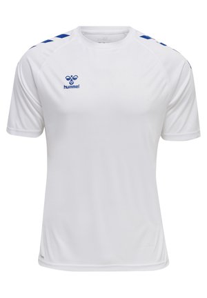 Witte sportt-shirt met korte mouwen en blauwe accenten op de schouders. Beschikt over een ronde hals en een logo op de borst. Gemaakt van lichtgewicht materiaal.