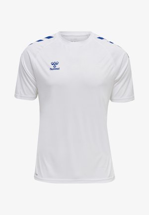 Fehér, rövid ujjú sportpóló kék díszítéssel a vállakon. Kerek nyakkal és logóval a mellkasi részen. Könnyű anyagból készült.