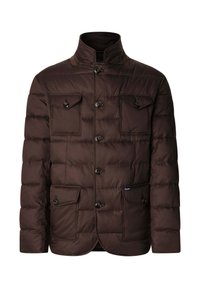 Chaqueta acolchada marrón con cuello alto, múltiples bolsillos frontales y cierres de botones, con un diseño acolchado para aislamiento.