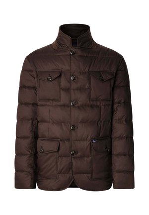 Braune Steppjacke mit hohem Kragen, mehreren Vorderentaschen und Knopfverschlüssen, mit gesteppter Isolierung.