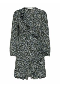 Blumenmusterkleid in Dunkelgrün mit blauen und weißen Blumen. Lange Ärmel, Rüschenausschnitt und ausgestellter Saum. Leichter Stoff.
