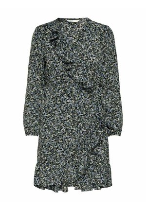 Robe à imprimé floral en vert foncé avec des fleurs bleues et blanches. Manches longues, décolleté volanté et ourlet évasé. Tissu léger.