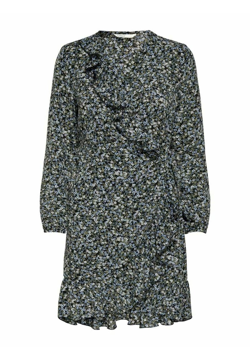 Blumenmusterkleid in Dunkelgrün mit blauen und weißen Blumen. Lange Ärmel, Rüschenausschnitt und ausgestellter Saum. Leichter Stoff.