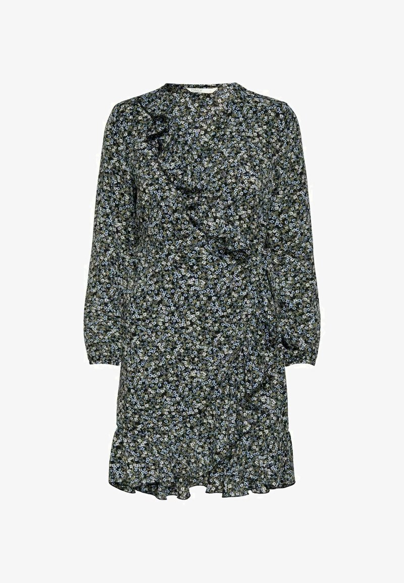 Floral print dress in dark green with blue and white flowers. Long sleeves, ruffled neckline, and a flared hemline. Lightweight fabric.