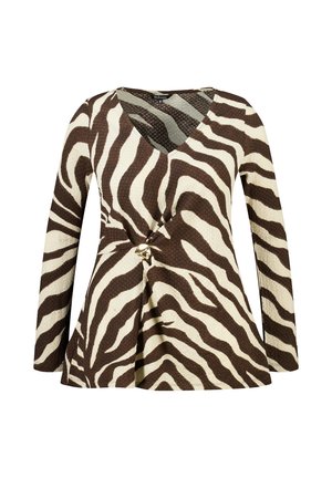 Haut à manches longues et col en V avec des rayures zébrées marron et beige, doté d'un nœud torsadé avec une boucle décorative dorée à la taille.