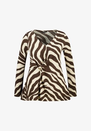 Top met lange mouwen en V-hals, bedrukt met bruine en beige zebrastripes, met een gedraaide knoop en een gouden decoratieve gesp ter hoogte van de taille.