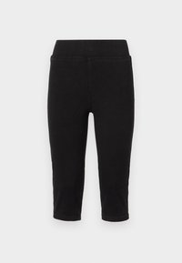 Svarte, avkuttede denimbukser med elastisk midje, med en glatt tekstur og rullet kant. Designet for komfort og bevegelsesfrihet.