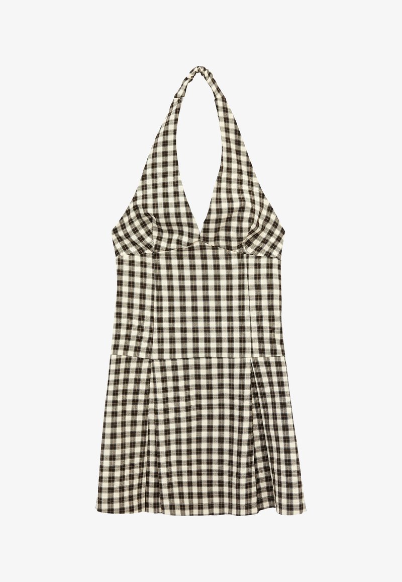 Schwarz-weiß kariertes Neckholder-Kleid mit tailliertem Bund und ausgestelltem Rock vor weißem Hintergrund.