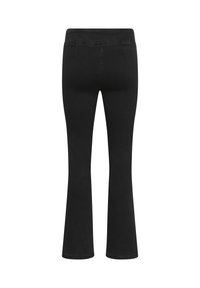 Schwarze Schlagjeans aus einem glatten, dehnbaren Stoff. Sie haben einen hohen Bund und ein klassisches Fünf-Taschen-Design.