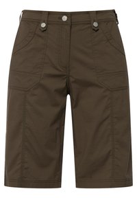 Brown knee-length shorts with front pockets, belt loops, and a button closure, designed for casual wear.