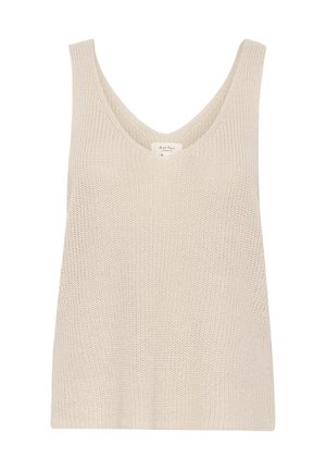 Top in maglia beige senza maniche con scollatura a V ampia e profonda e vestibilità larga. Tessuto semplice senza fantasie; presenta un'etichetta sul collo.
