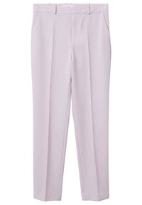 Pantaloni su misura di un leggero colore lavanda realizzati in un tessuto liscio. Presentano pieghe stirate e tasche laterali. Design a gamba dritta con una leggera lucentezza.