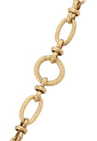 Collana d'oro con anelli ovali e rotondi alternati di texture, connessi da anelli d'oro lisci.