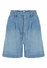 Shorts in denim azzurro chiaro con vita con cintura, tasche frontali e vestibilità rilassata. Tessuto liscio con sbiadimento vicino all'orlo.