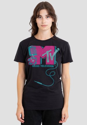 Black cotton t-shirt featuring a large pink and turquoise MTV logo, microphone graphic, and audio cable design. Standard crew neckline.
