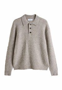 Hellbeiger Pullover mit gerippter Struktur, Kragen und drei dunklen Knöpfen. Verfügt über lange Ärmel und eine lockere Passform.