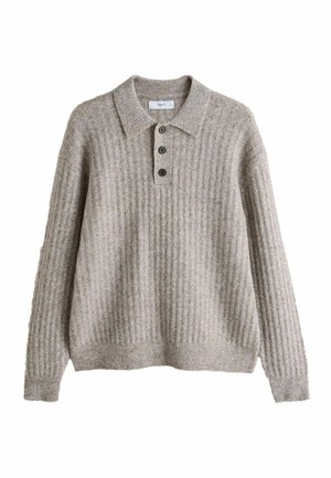 Lichtbeige trui met een geribbelde textuur, een kraag en drie donkere knopen. Voorzien van lange mouwen en een ontspannen pasvorm.