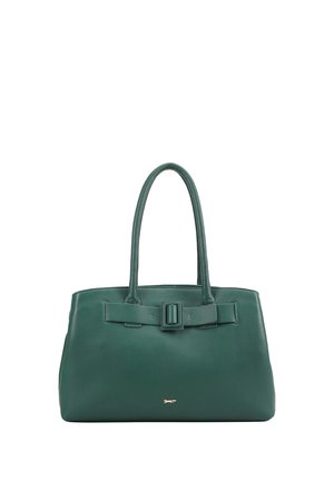 Groene leren handtas met dubbele handvatten, een voorste gespsluiting en een klein logo in goudkleur aan de onderkant van het voorste midden.