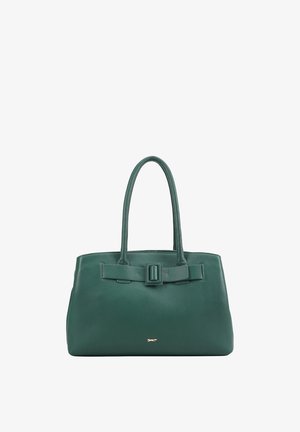 Groene leren handtas met dubbele handvatten, een voorste gespsluiting en een klein logo in goudkleur aan de onderkant van het voorste midden.