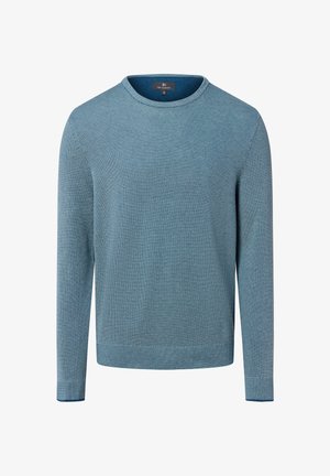 Blauwe gebreide trui met een ronde hals, lange mouwen en een gestructureerd patroon door het hele kledingstuk. Afgewerkt met geribbelde manchetten en zoom.