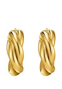 Orecchini tono oro con design attorcigliato, superficie liscia e riflettente e bordi arrotondati, che creano una silhouette moderna.