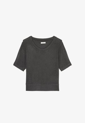 Dark gray short-sleeve sweater, made of soft fabric. Features a wide neckline, ribbed cuffs and hem, and a relaxed fit. No patterns or accents.