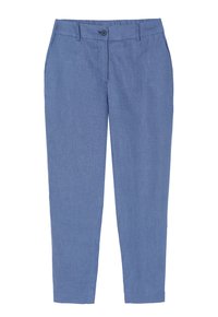 Pantalones azules con textura y diseño ajustado, con cierre de botón y dos bolsillos frontales. Líneas simples y limpias, sin patrones visibles.