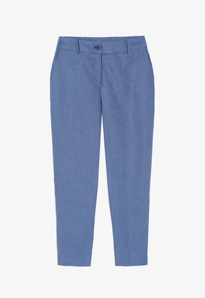 Blue textured trousers with a fitted design, featuring a button closure and two front pockets. Simple, clean lines and no visible patterns.